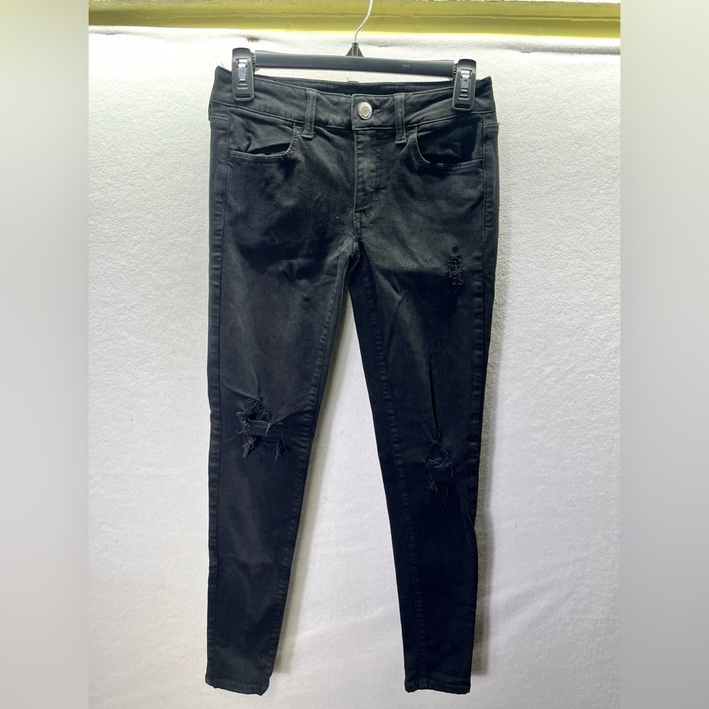 American‎ Eagle Distressed Super Stretch Jegging Womens 2 Black Denim Work 2450